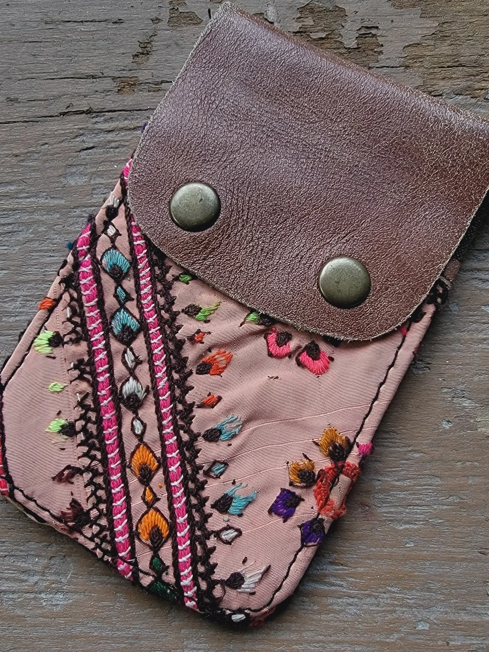 Free People embroidered banjara boho repurposed vtg leather wallet card case